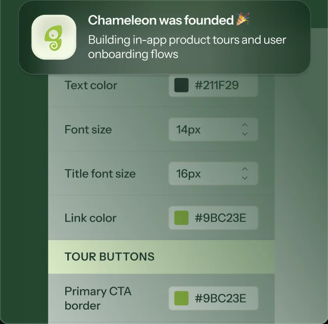 A Chameleon announcement celebrating that Chameleon was founded, describing Chameleon as building in-app product tours and user onboarding flows, overlaid on a styling settings page.
