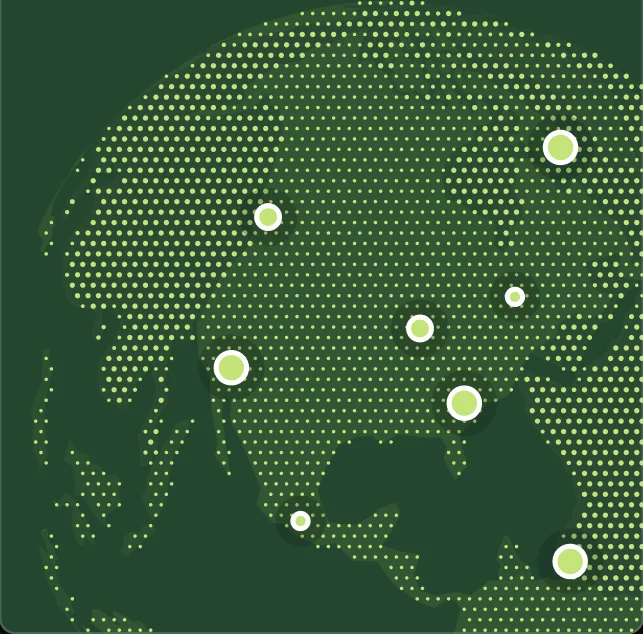 An illustrated dotted world map with several highlighted circular markers showing locations across multiple countries.
