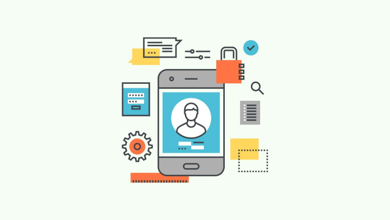 An illustration of a smartphone showing a user profile screen, surrounded by icons for chat, security, login credentials, search, and a checklist.