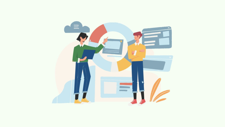 An illustration of two people collaborating around abstract UI panels, a donut chart, and browser windows.