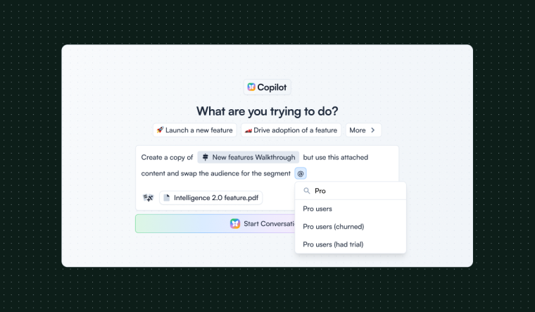 The Chameleon Copilot interface with a natural-language prompt field, goal-selection buttons, and an audience segment dropdown for targeting.