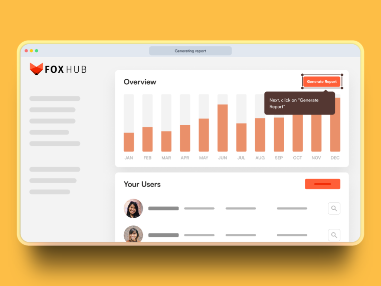 A Chameleon interactive demo of a fictional analytics product, with a step guiding users to click 'Generate Report'.