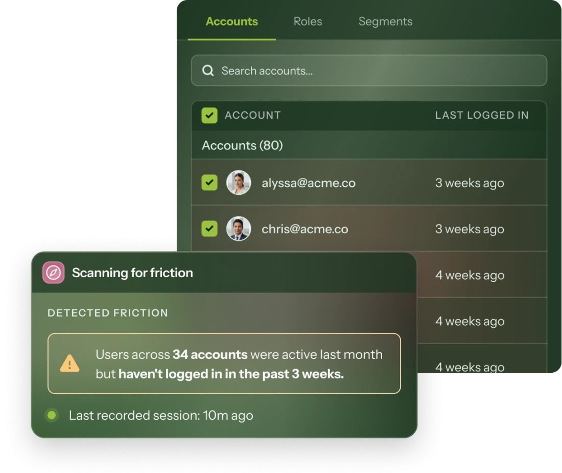 A Chameleon dashboard Accounts list overlaid with a Compass panel flagging accounts that were recently active but have stopped logging in.