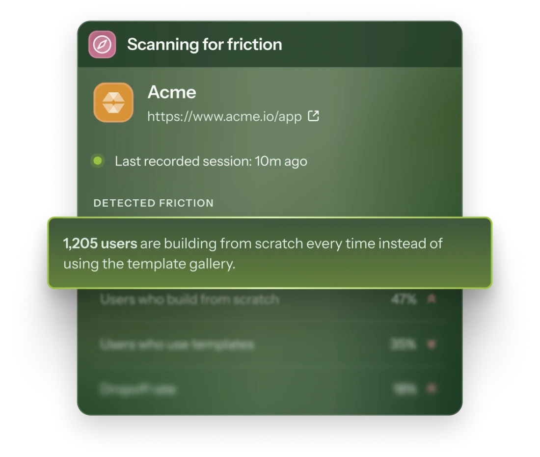 A Chameleon Compass panel scanning a product for friction, highlighting that many users are building from scratch instead of using the template gallery.