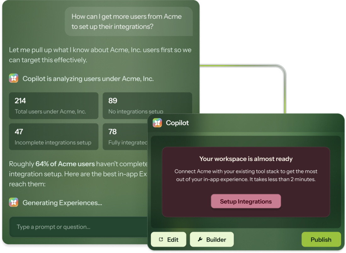 Chameleon Copilot analyzing user integration adoption for a company and generating a Chameleon announcement prompting users to set up integrations.