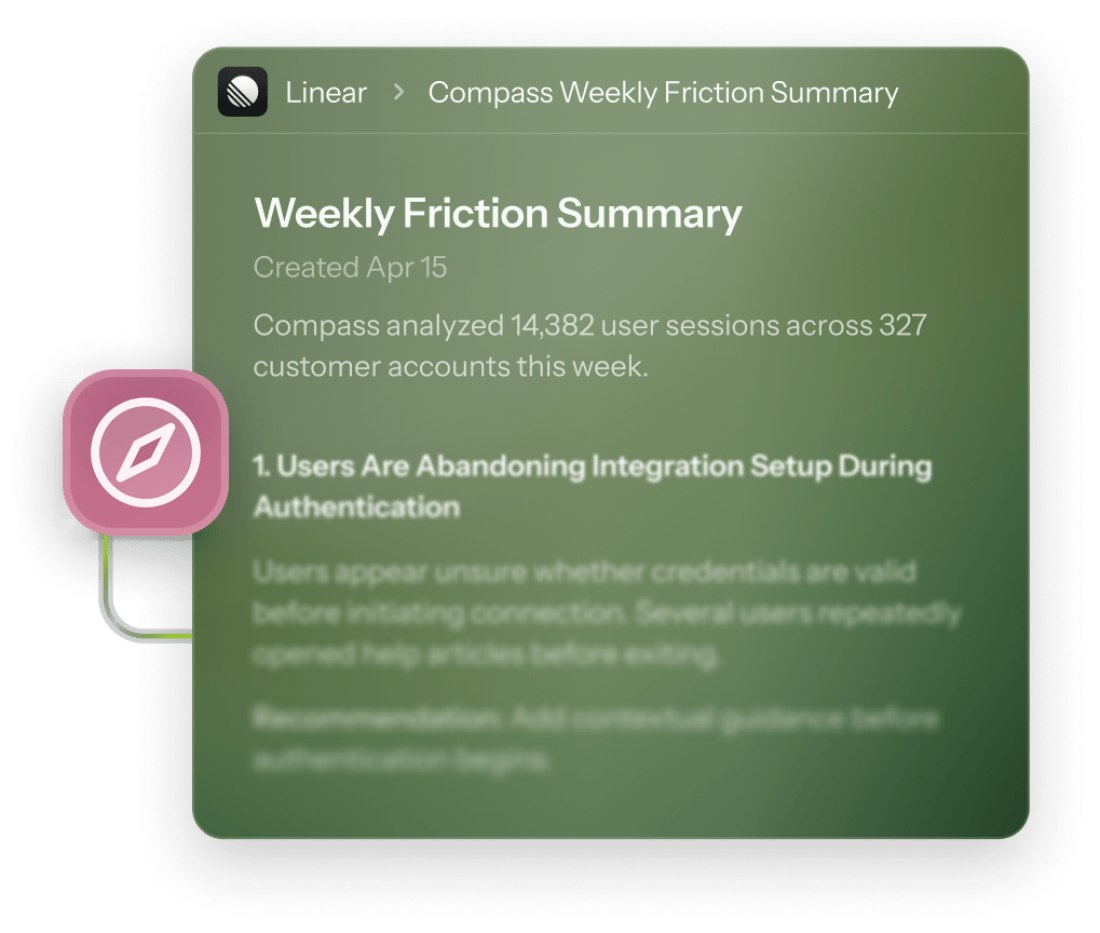A Compass-generated Weekly Friction Summary draft in Linear, showing detected friction points from user sessions.