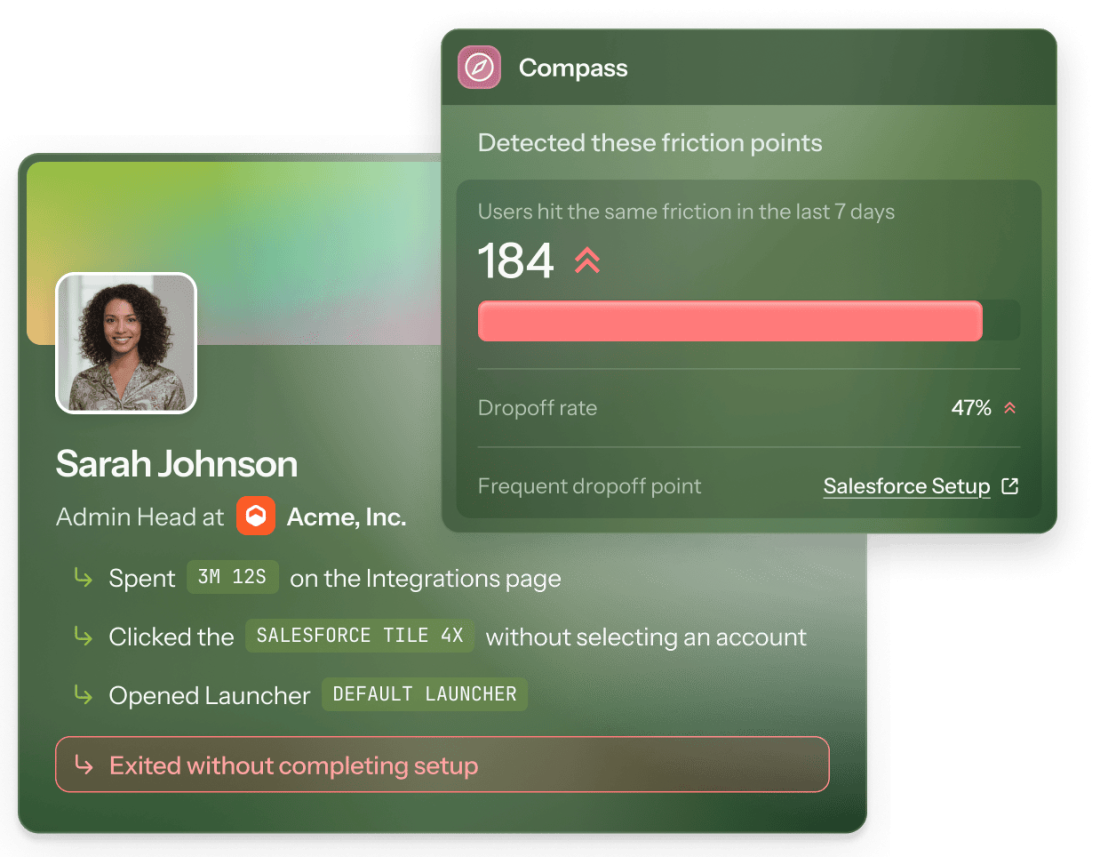 Two overlapping Chameleon Compass panels: a single-user session view showing a user's friction path on an integrations page, and an aggregate panel surfacing the same friction point's dropoff rate and user count over a 7-day window.