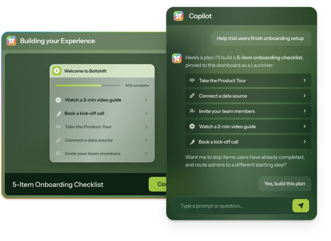 Chameleon's Copilot chat panel building a 5-item onboarding checklist Launcher, with a preview of the checklist showing progress and item icons.