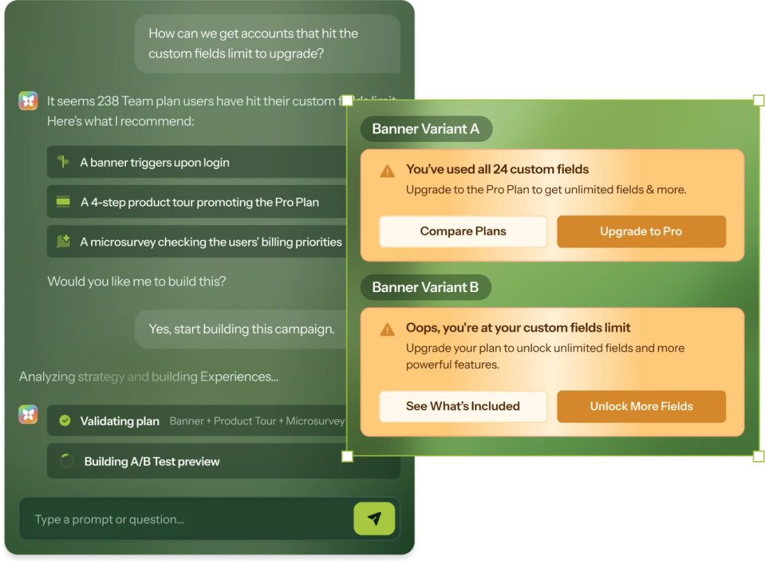 Chameleon Copilot building a multi-experience upsell campaign for users at their plan limit, with two A/B banner variants previewed alongside the conversation.