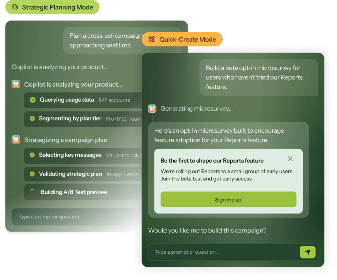 Chameleon Copilot's two modes side by side: Strategic Planning Mode analyzing product data and building a campaign plan, and Quick-Create Mode generating a microsurvey from a single prompt.