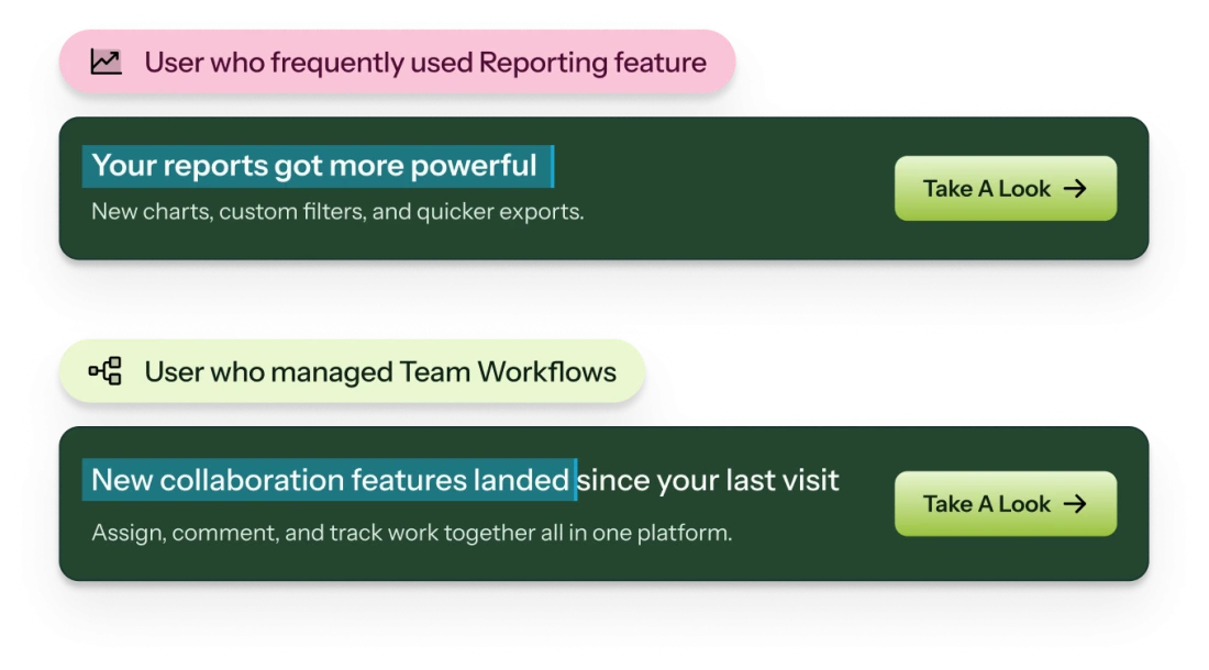 Two Chameleon Banners, each personalized with a different headline for a different user segment — Reporting users vs. Team Workflows users.