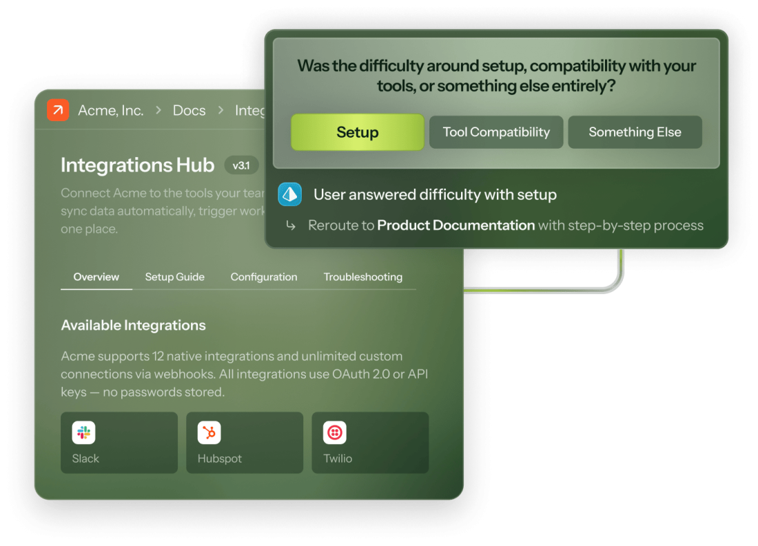 A Chameleon microsurvey on a fictional product page asking about a difficulty type, with 'Setup' highlighted, routing the respondent to a follow-up action.