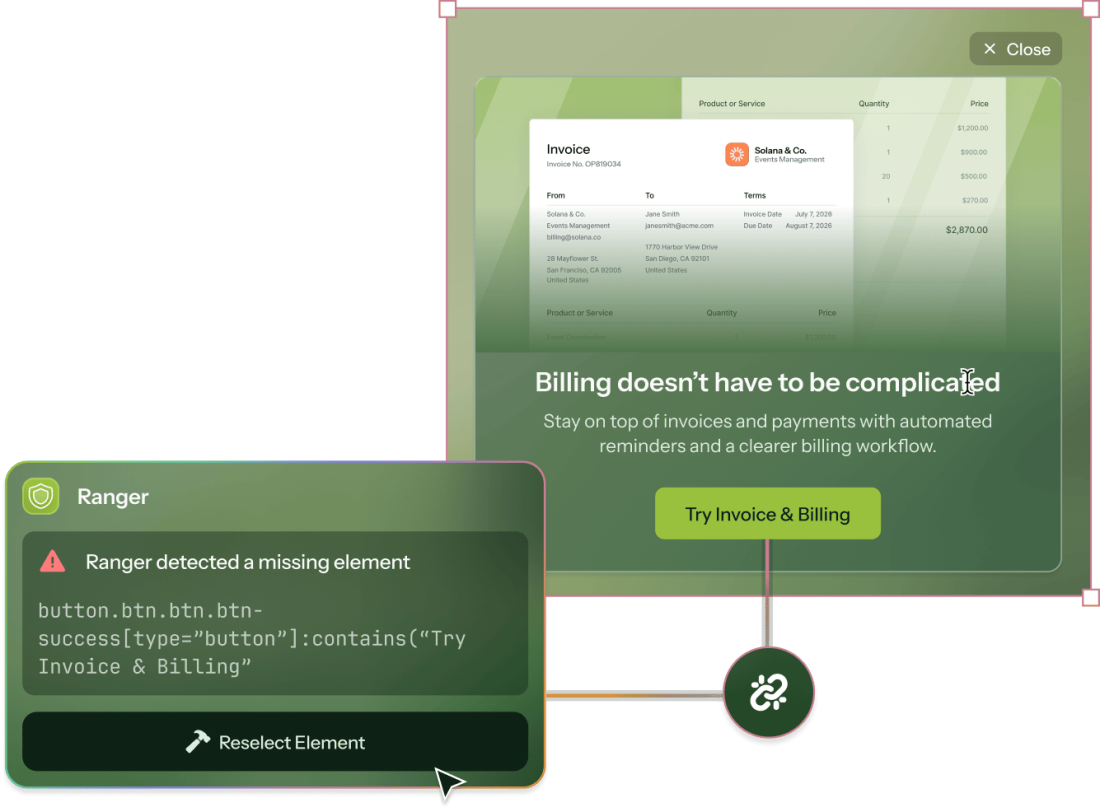 A Ranger warning panel showing a detected missing element on a product page, with a Reselect Element action.